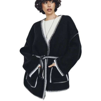 Damen gemütlicher Strickcardigan mit tiefem V-Ausschnitt und praktischen Taschen Merchesia