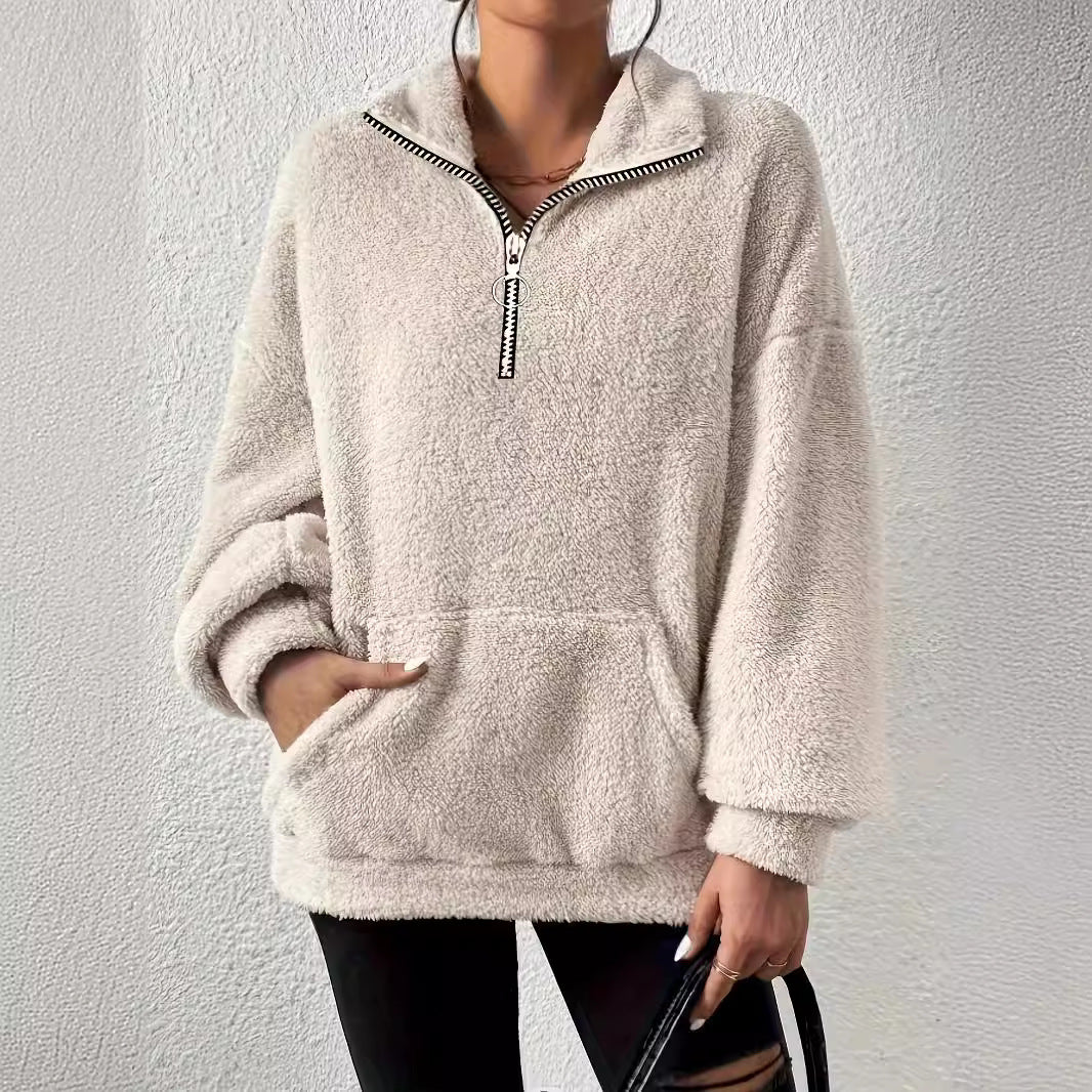 Damen kuscheliger Fleece-Pullover mit halbem Reißverschluss und Seitentaschen Merchesia