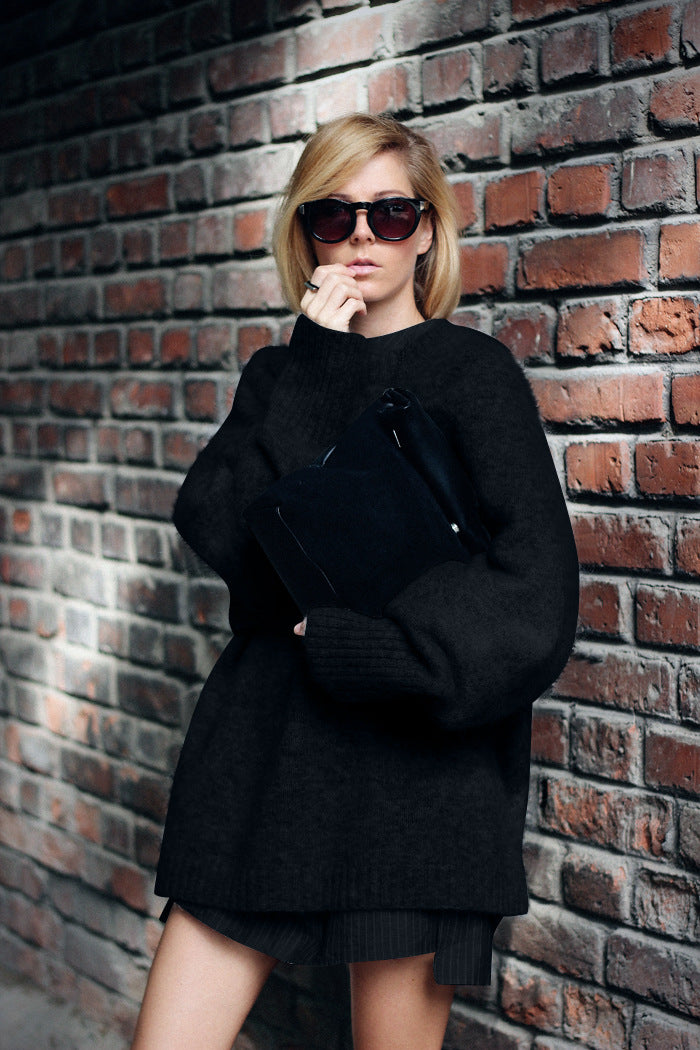 Damen Oversized Strickpullover mit hochabschließendem Kragen und voluminösen Ärmeln Merchesia