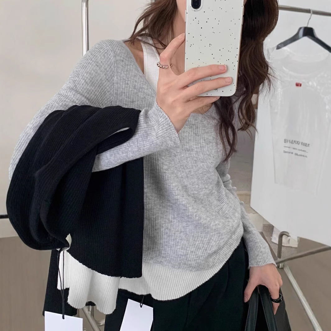 Damen lässiger V-Ausschnitt Strickpullover mit kontrastrierendem Saum Merchesia