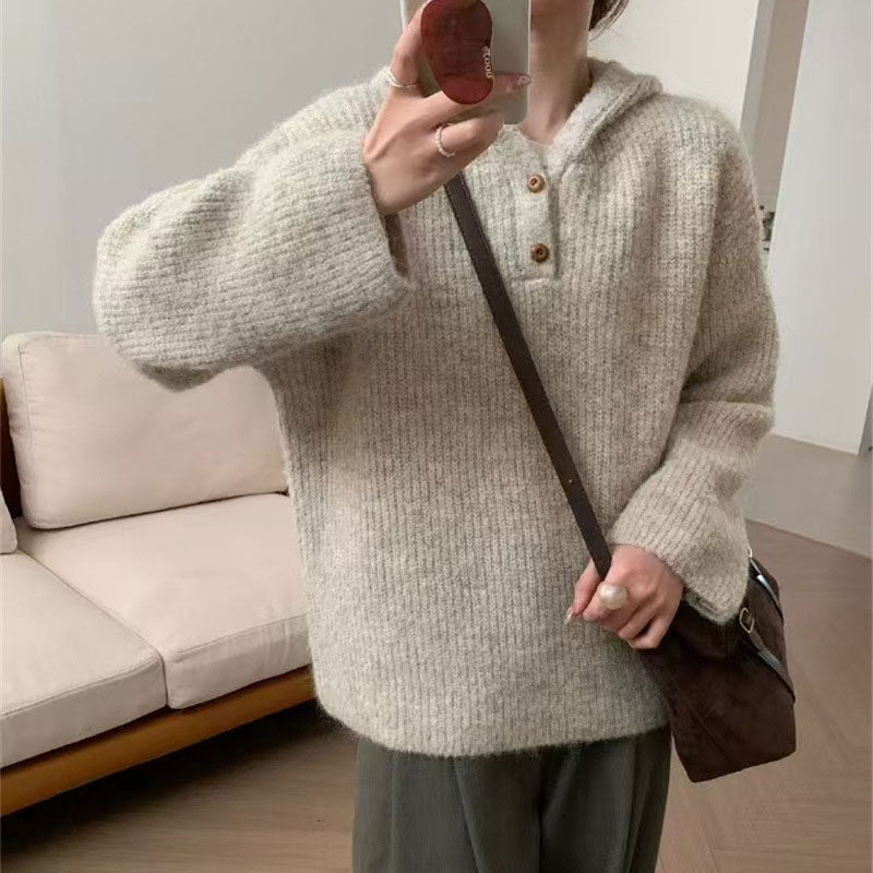 Damen bequemer Strickpullover mit Knopfleiste und Kapuze Merchesia