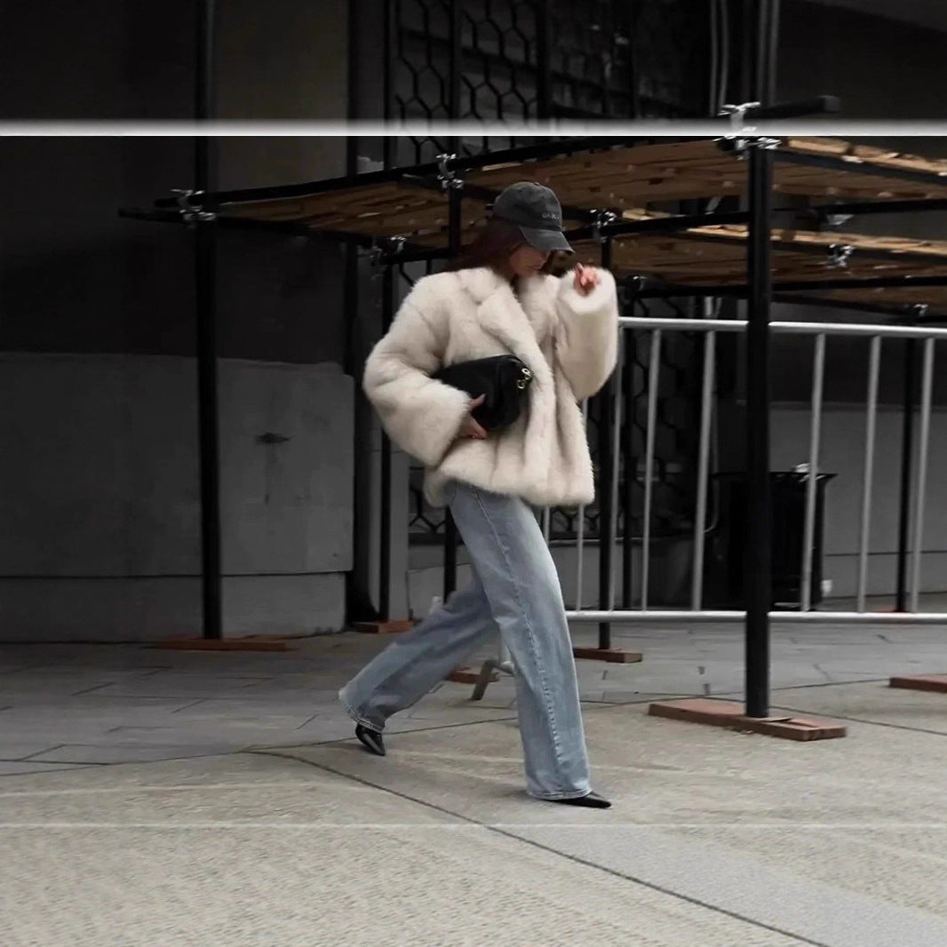 Damen Kuschelige Felljacke im Oversized-Stil mit breitem Revers Merchesia