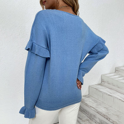 Damen eleganter Pullover mit Rüschendetails und V-Ausschnitt Merchesia