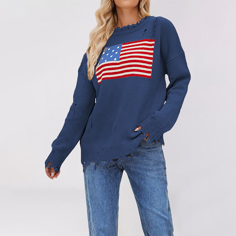Damen lässiger Pullover mit Flaggenmuster und fransigem Saum Merchesia