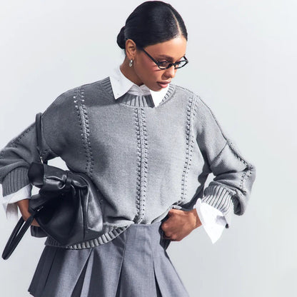 Damen lässiger Strickpullover mit luftigen Designelementen und überschnittenen Schultern Merchesia