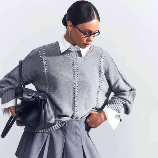 Damen lässiger Strickpullover mit luftigen Designelementen und überschnittenen Schultern Merchesia