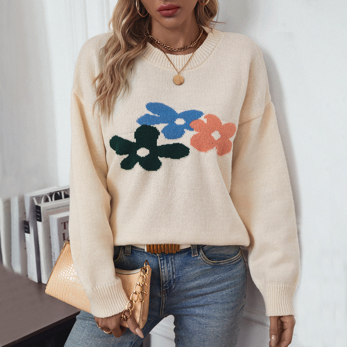 Damen lässiger Pullover mit floralen Motiven und Rundkragen Merchesia