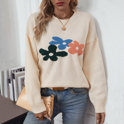 Damen lässiger Pullover mit floralen Motiven und Rundkragen Merchesia
