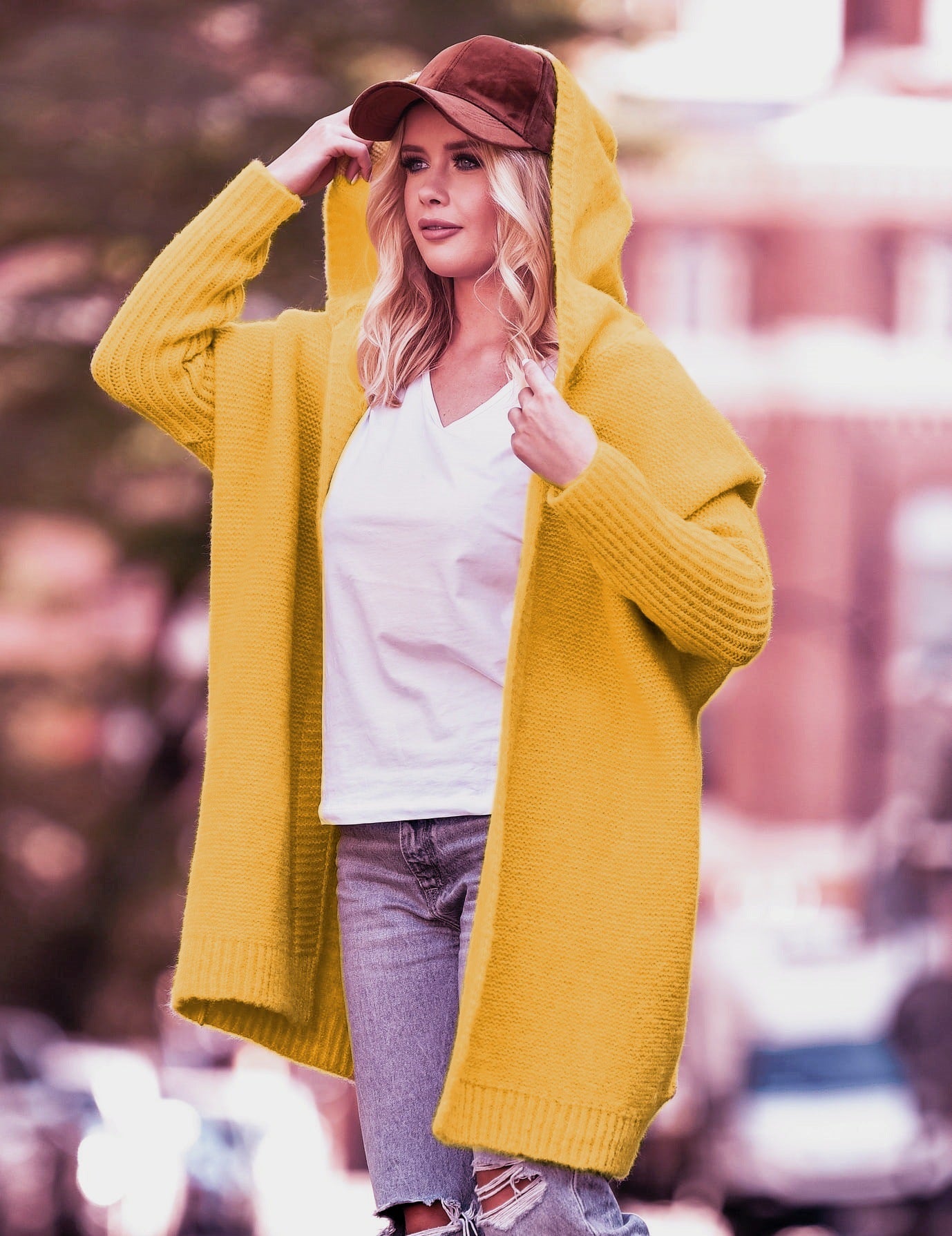 Damen lässiger Strickcardigan mit Kapuze und weiten Ärmeln Merchesia