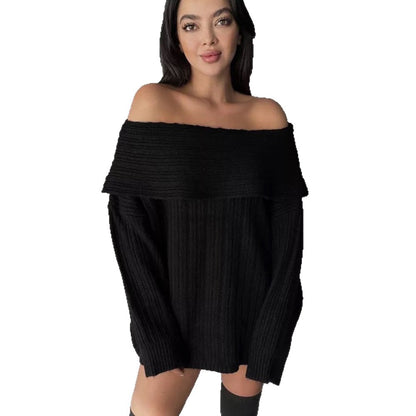 Damen Off-Shoulder Strickpullover mit Rippstruktur und weit geschnittenen Ärmeln Merchesia