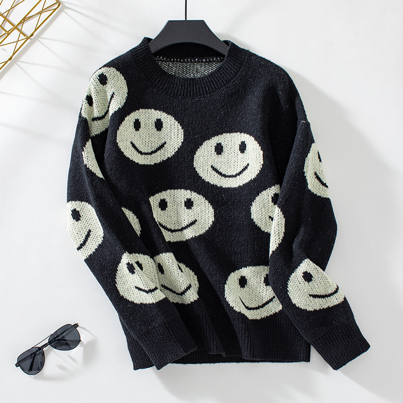 Damen lässiger Pullover mit fröhlichem Smiley-Muster Merchesia