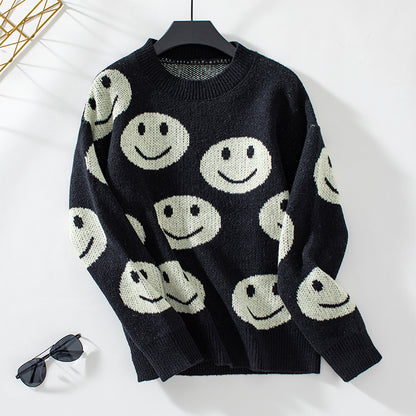 Damen lässiger Pullover mit fröhlichem Smiley-Muster Merchesia