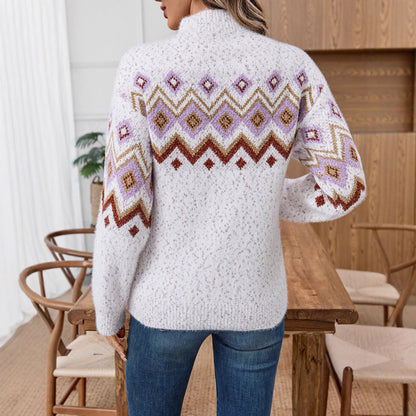 Damen Strickpullover mit modischem Muster und hohem Kragen Merchesia