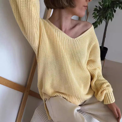 Damen lässiger Strickpullover mit tiefem V-Ausschnitt und seitlichen Schlitzen Merchesia