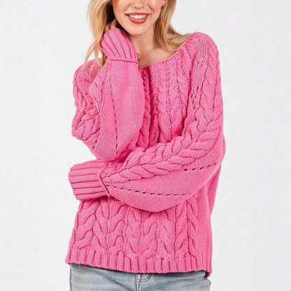 Damen Grobstrickpullover mit voluminösen Ärmeln und feinem Lochmuster Merchesia