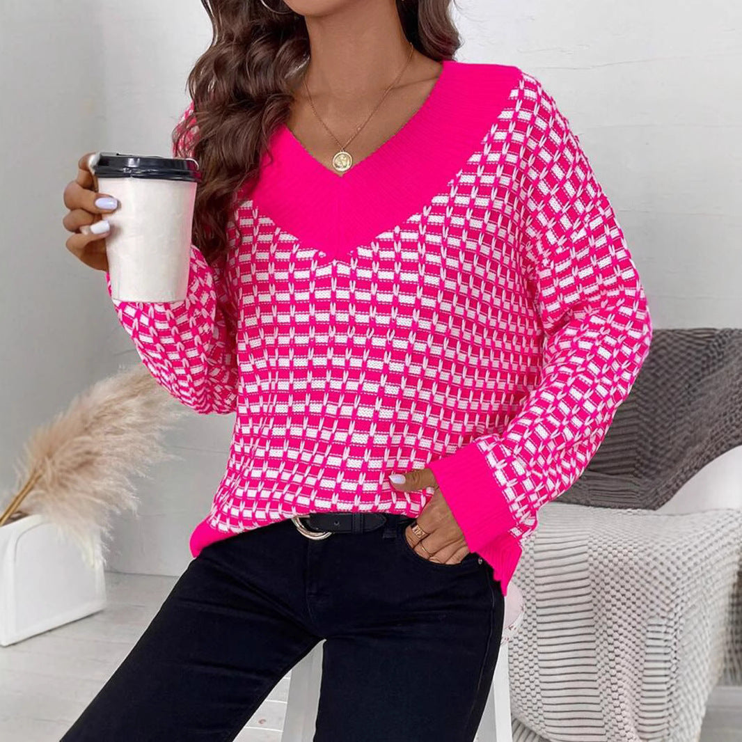 Damen Strickpullover mit V-Ausschnitt und modernem Karomuster Merchesia