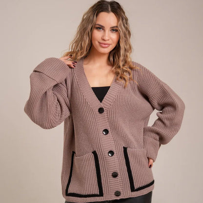 Damen gemütlicher Strickcardigan mit großen Taschen und dekorativen Knopfdetails Merchesia