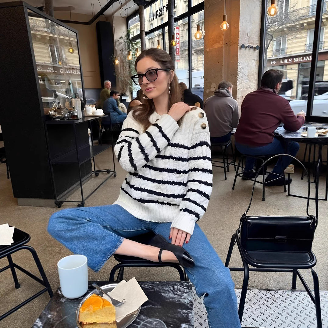 Damen Strickpullover mit maritimen Streifen und Knopfdetails Merchesia