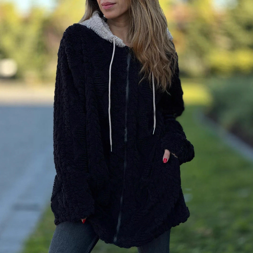 Damen Übergroße Fleecejacke mit Kapuze und Reißverschluss Merchesia