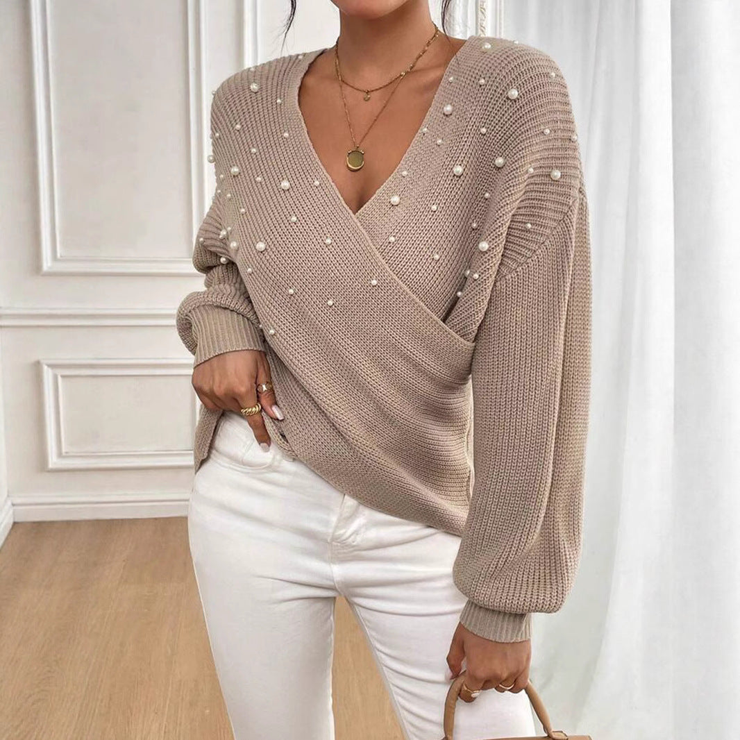 Damen offener Strickpullover mit Perlendetails Merchesia