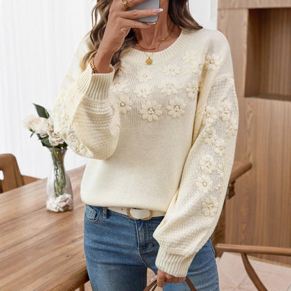 Damen modischer Pullover mit floralen Stickereien und strukturiertem Ärmel Merchesia