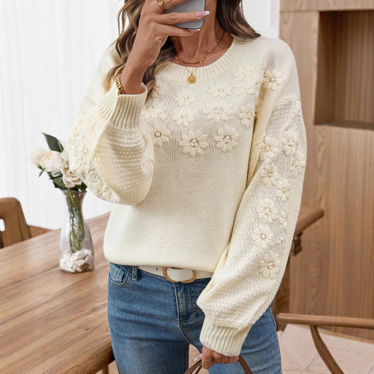 Damen modischer Pullover mit floralen Stickereien und strukturiertem Ärmel Merchesia