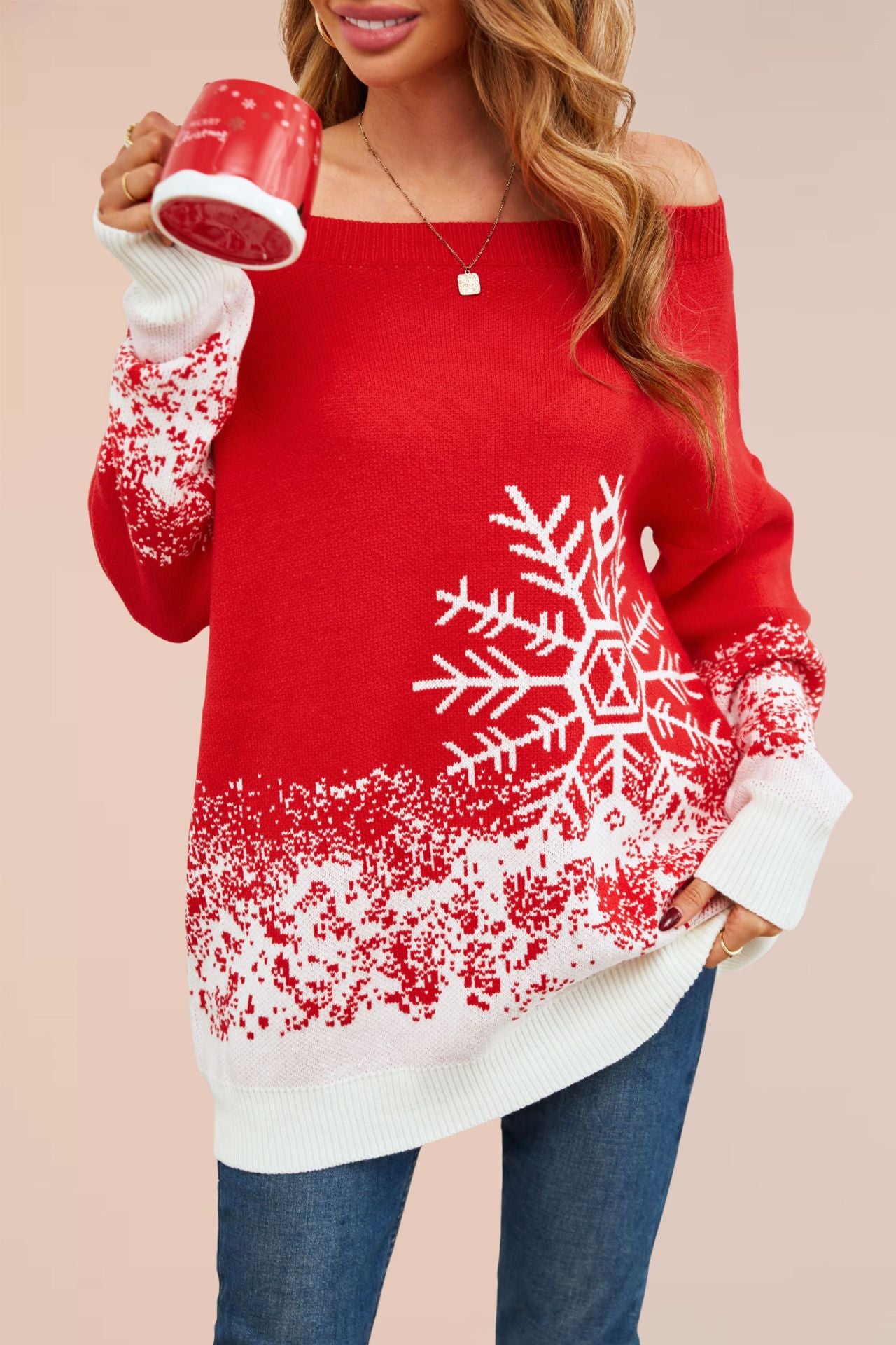 Damen festlicher Weihnachts-Pullover mit elegantem Schneeflocken-Motiv und Off-Shoulder Design Merchesia