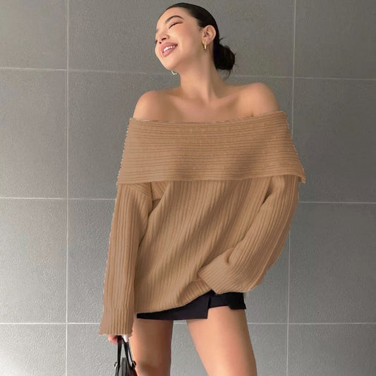Damen Off-Shoulder Strickpullover mit Rippstruktur und weit geschnittenen Ärmeln Merchesia