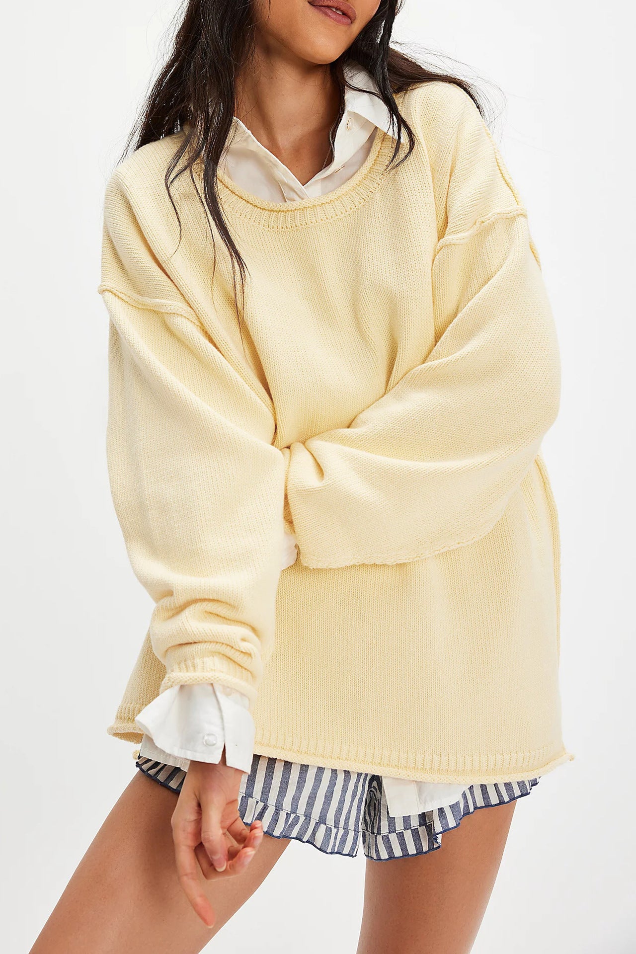 Damen lässiger Strickpullover mit weiten Ärmeln und Rippenstruktur Merchesia