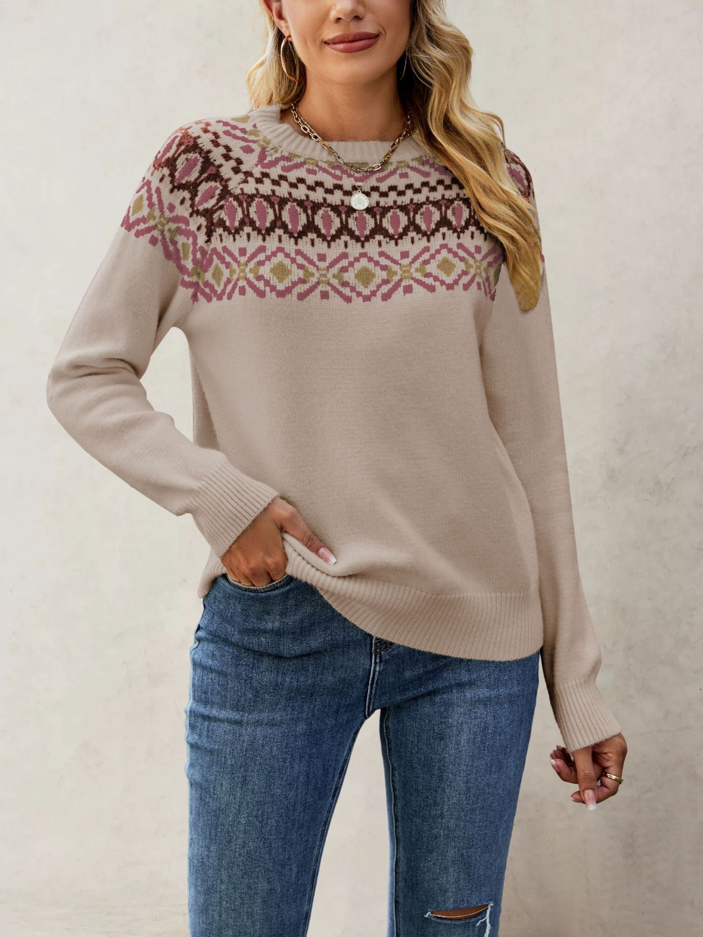 Damen Nordic-Muster Pullover mit Rundhalsausschnitt und lässigem Schnitt Merchesia