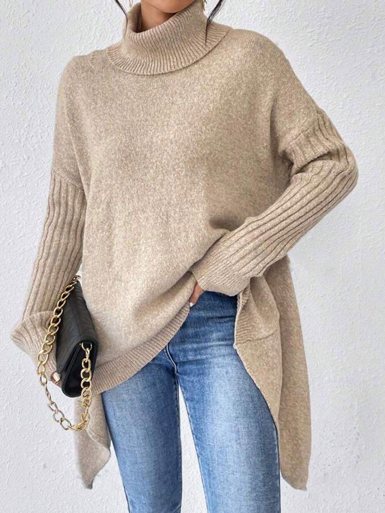 Damen lässiger Pullover mit Stehkragen und asymmetrischem Schnitt Merchesia