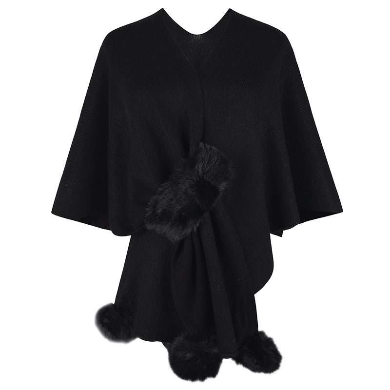Damen eleganter Poncho mit luxuriösem Kunstfellbesatz Merchesia
