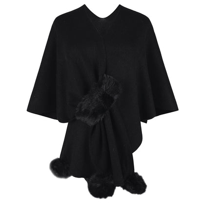 Damen eleganter Poncho mit luxuriösem Kunstfellbesatz Merchesia