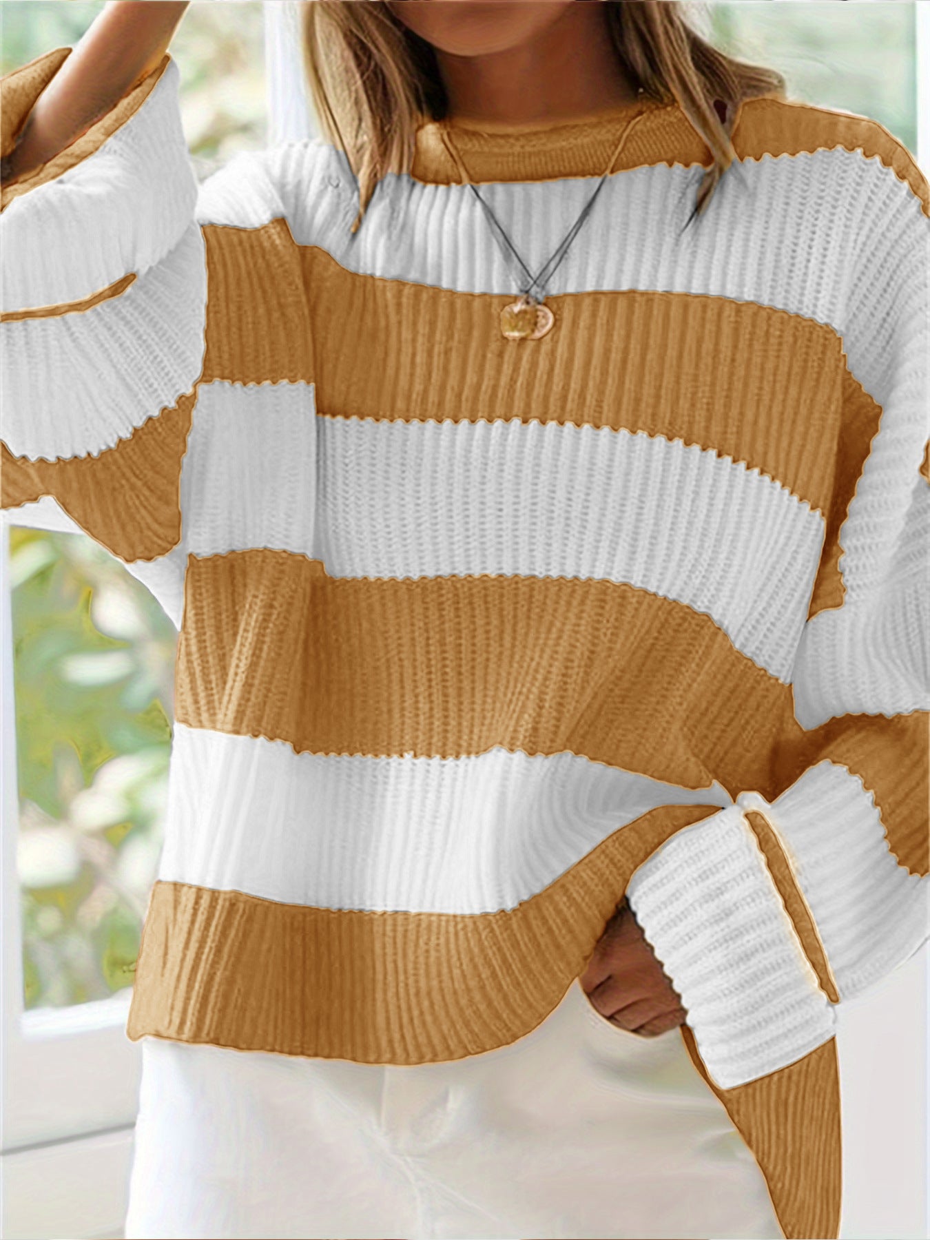 Damen lässiger Strickpullover mit breiten Streifen und lockerer Passform Merchesia