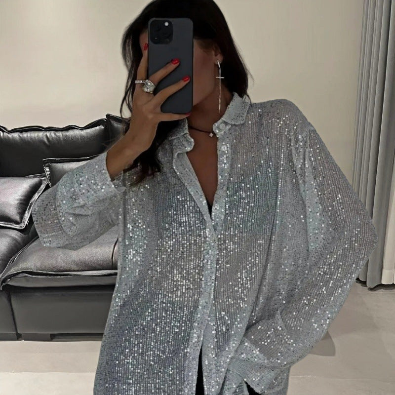 Damen Glamouröse Transparente Bluse mit Pailletten Merchesia