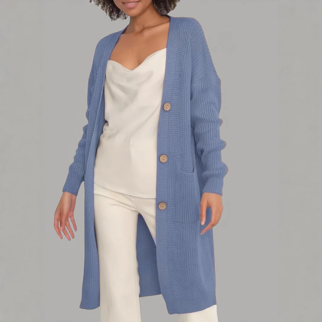 Damen Lange Strickjacke mit Knopfdetails und praktischen Taschen Merchesia