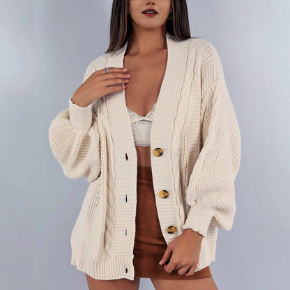 Damen Grobstrickjacke mit eleganter Knopfleiste und voluminösen Puffärmeln Merchesia