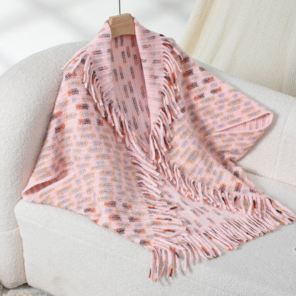 Damen eleganter Poncho mit fransigen Details und modernem Karomuster Merchesia