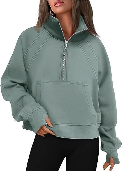 Damen kuscheliger Half-Zip Pullover mit Kapuze und Kängurutasche Merchesia