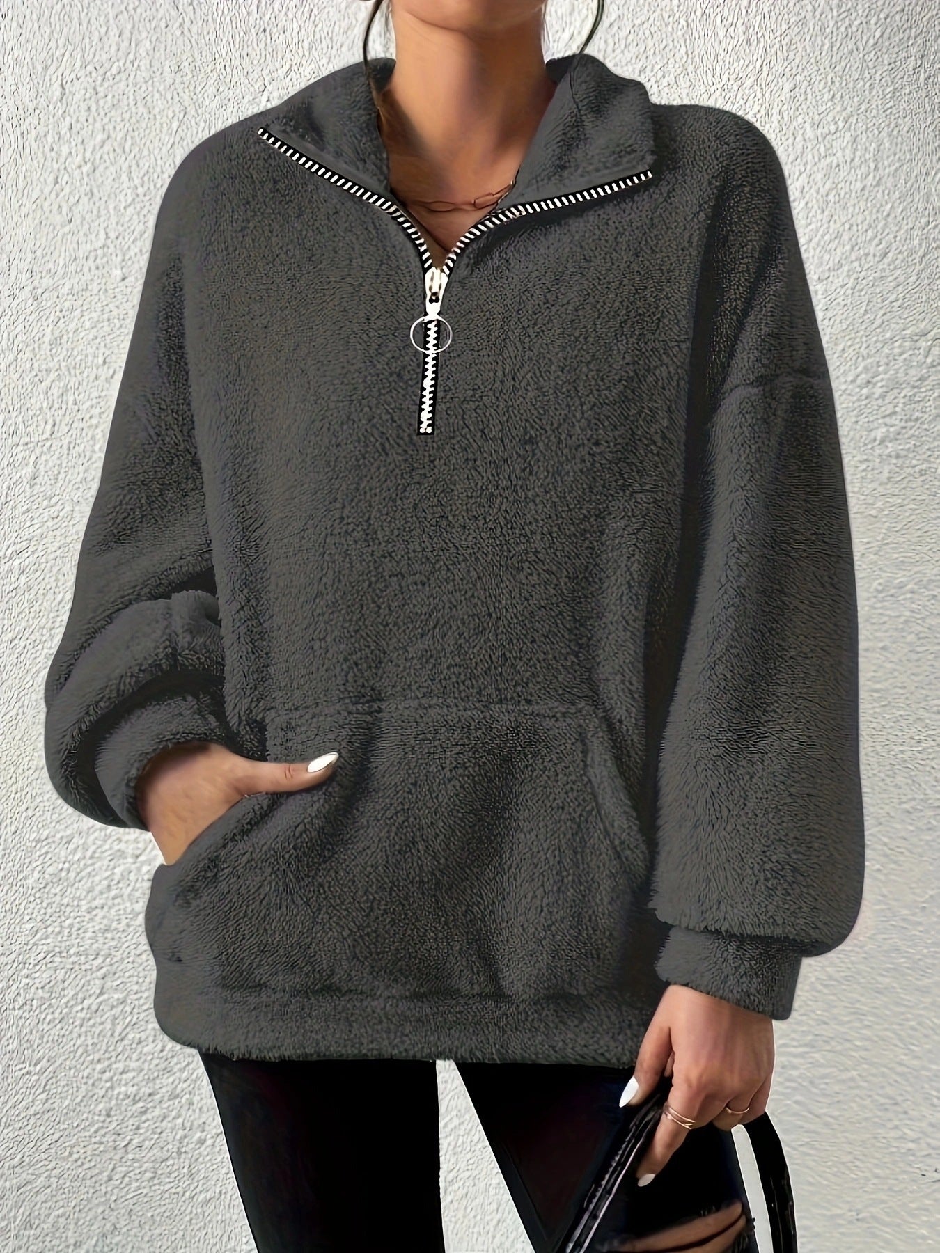 Damen kuscheliger Fleece-Pullover mit halbem Reißverschluss und Seitentaschen Merchesia