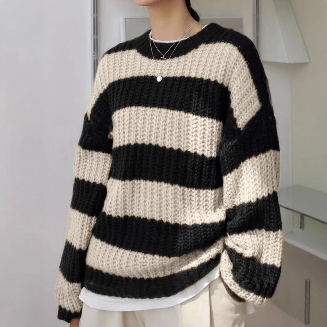 Damen modischer Strickpullover mit breiten Streifen und lockerer Passform Merchesia