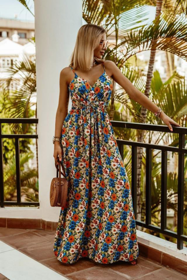 Frühling und Sommer neue V-Ausschnitt ärmellose Träger gedruckt böhmischen Kleid
