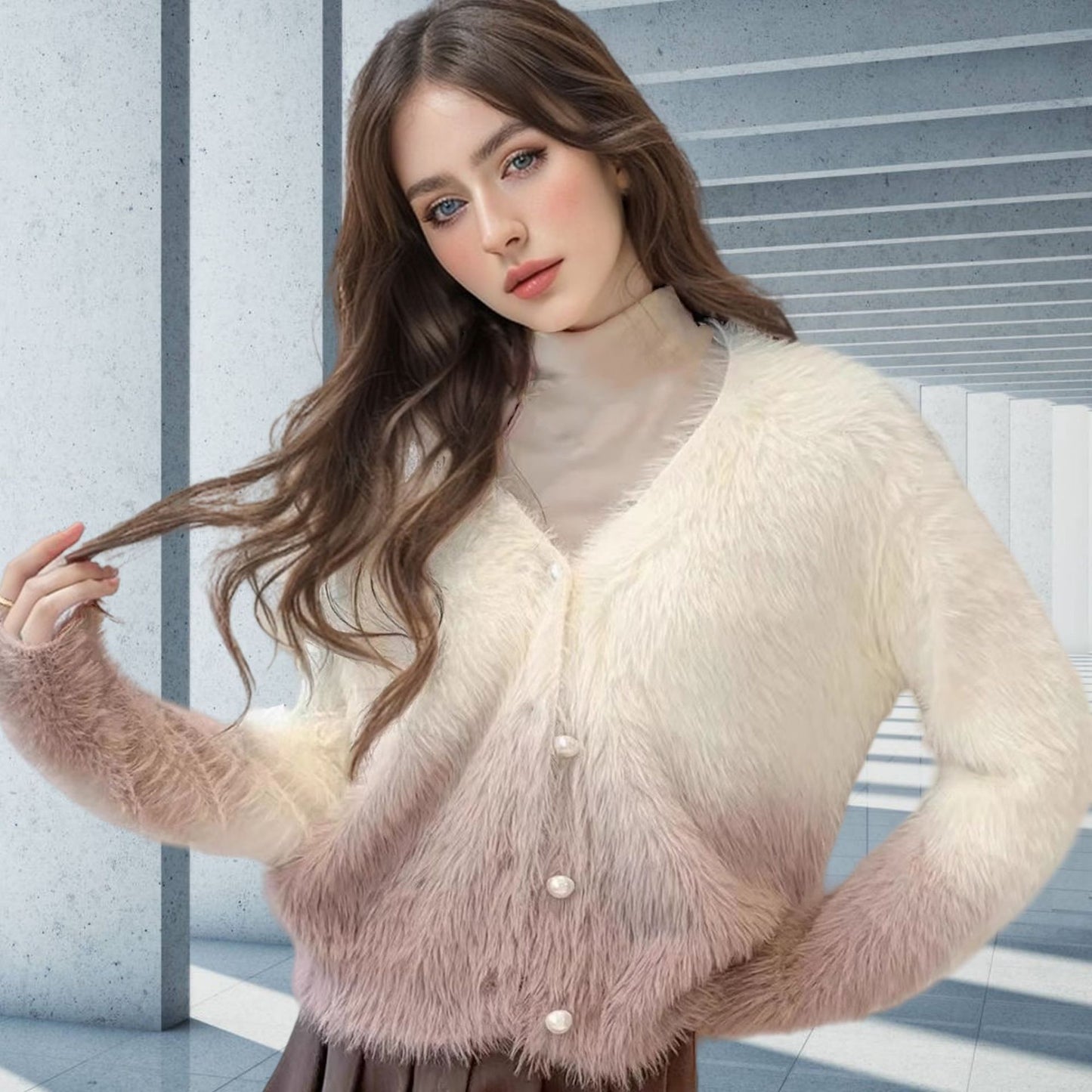 Damen modischer Strickcardigan mit elegantem Kunstfell und Knopfleiste Merchesia