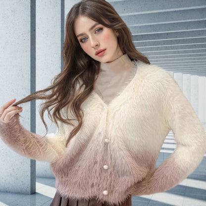 Damen modischer Strickcardigan mit elegantem Kunstfell und Knopfleiste Merchesia