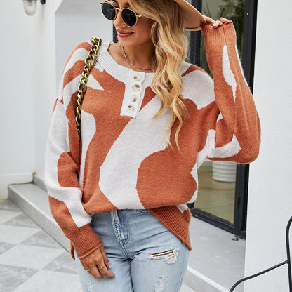 Damen kuscheliger Oversized Pullover mit Knopfdetails und kreativem Muster Merchesia