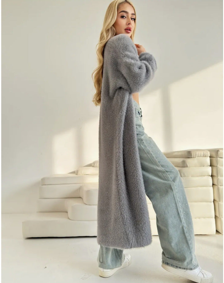 Damen Langer Flauschiger Cardigan mit offenem Schnitt und überschnittenen Ärmeln Merchesia