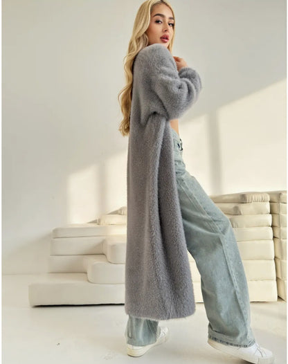 Damen Langer Flauschiger Cardigan mit offenem Schnitt und überschnittenen Ärmeln Merchesia