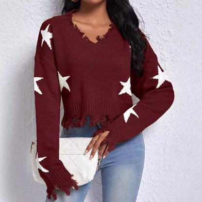 Damen modischer Sweatpullover mit Sternenmotiv und ausgefranstem Saum Merchesia