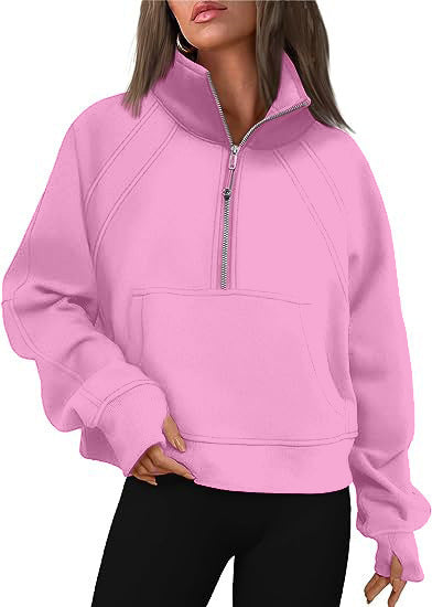 Damen kuscheliger Half-Zip Pullover mit Kapuze und Kängurutasche Merchesia