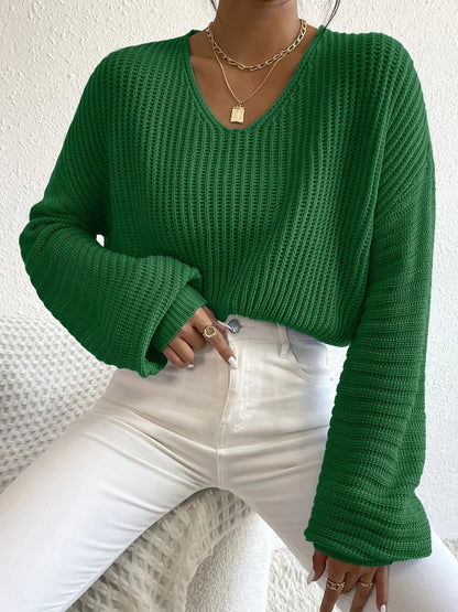 Damen lässiger Sweater mit weitem V-Ausschnitt und langen Ärmeln Merchesia